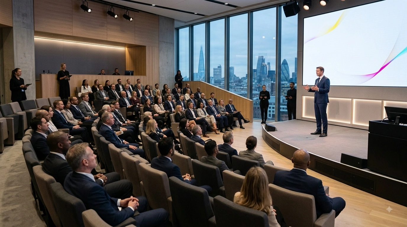 Corporate conference presentation in a modern London venue
